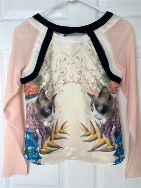 Cat Print Statement Blouse – Sheer Sleeves Sz: XS